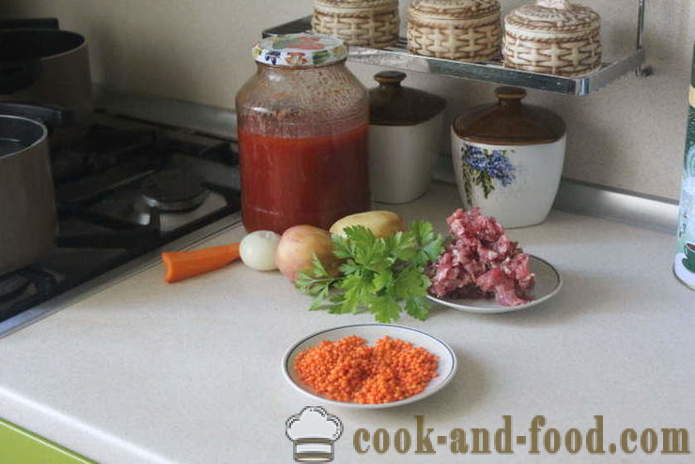 Paprasta raudona lęšių sriuba su mėsos ir pomidorų - kaip virėjas sriuba raudonųjų lęšių, su po žingsnio receptas nuotraukomis žingsnio