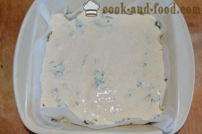 Greita užpildas tortas ant jogurto su špinatais, kiaušinio ir svogūnų laiškų - kaip pasiruošti Jellied pyragą su kefyru, žingsnis po žingsnio receptas nuotraukomis