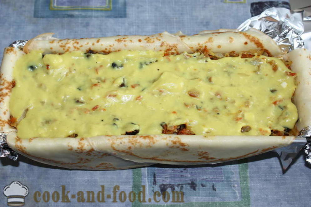 Blynų pyragas su grybais, sūriu ir daržovėmis orkaitėje - žingsnis po žingsnio, kaip virėjas blynų pyragas receptas su nuotrauka
