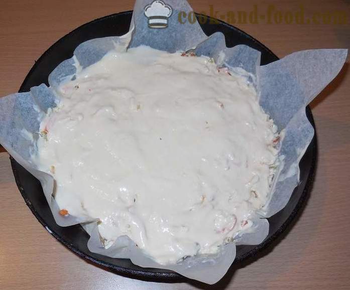 Jellied tortas ant kefyro su mėsa ir daržovėmis - Kaip virėjas pyragas įdaryti su užpildu, žingsnis po žingsnio receptas nuotraukomis