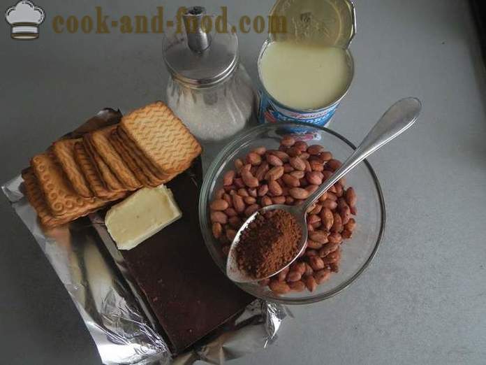 Namų šokolado dešra sausainiai su kondensuotu pienu ir riešutų, kiaušinio laisvo - žingsnis po žingsnio receptas šokolado saliamis, su nuotraukų.