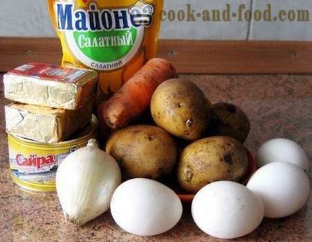 Mimosa salotos - ėjimais pagrįstas klasikinį receptą su sūriu, sviesto, konservuotų maisto produktų ir bulvių (foto, video)
